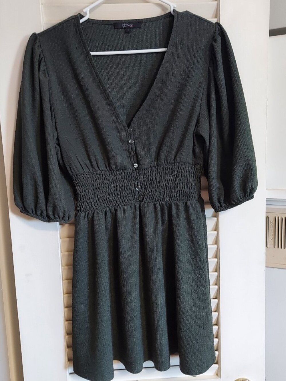 GB Fashion Green Smocked Waist Dress Puff Sleeve Button Front Size S